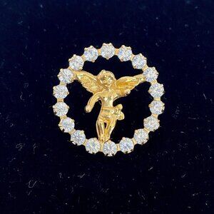 Angel Cherub Clear Rhinestones Circle Gold Tone Lapel Hat Lanyard Pin Brooch 1”
